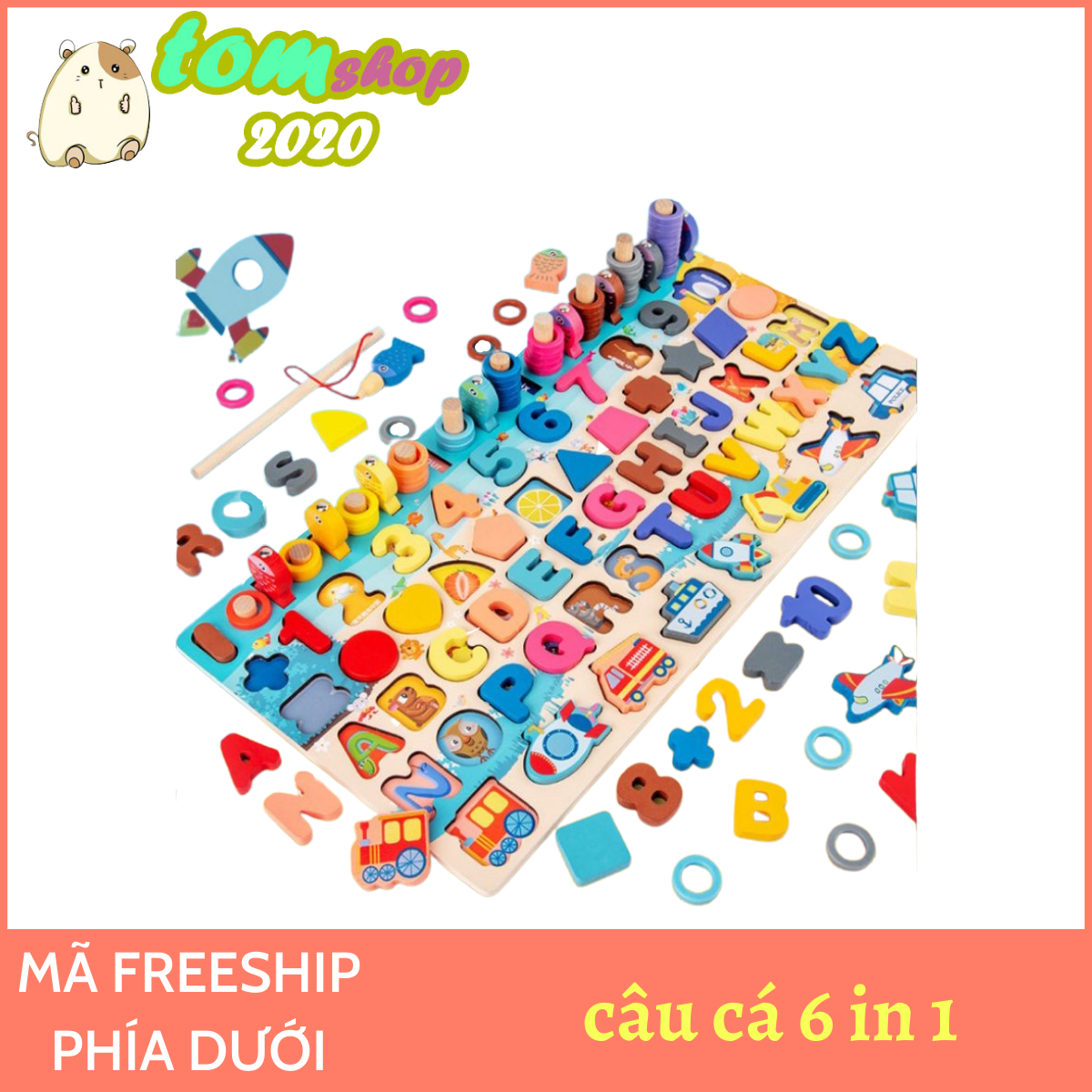 Đồ Chơi Gỗ Xếp Khối, Giáo Cụ Montessori Ghép chữ, Ghép số, Câu Cá, Xếp Khối, Ghép Hình - 6 trong 1 - đồ chơi câu cá - ghép hình - tomshop2020