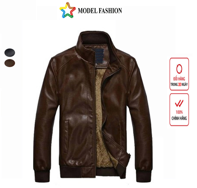 Áo khoác da nam lót lông nâu model fashion akn122