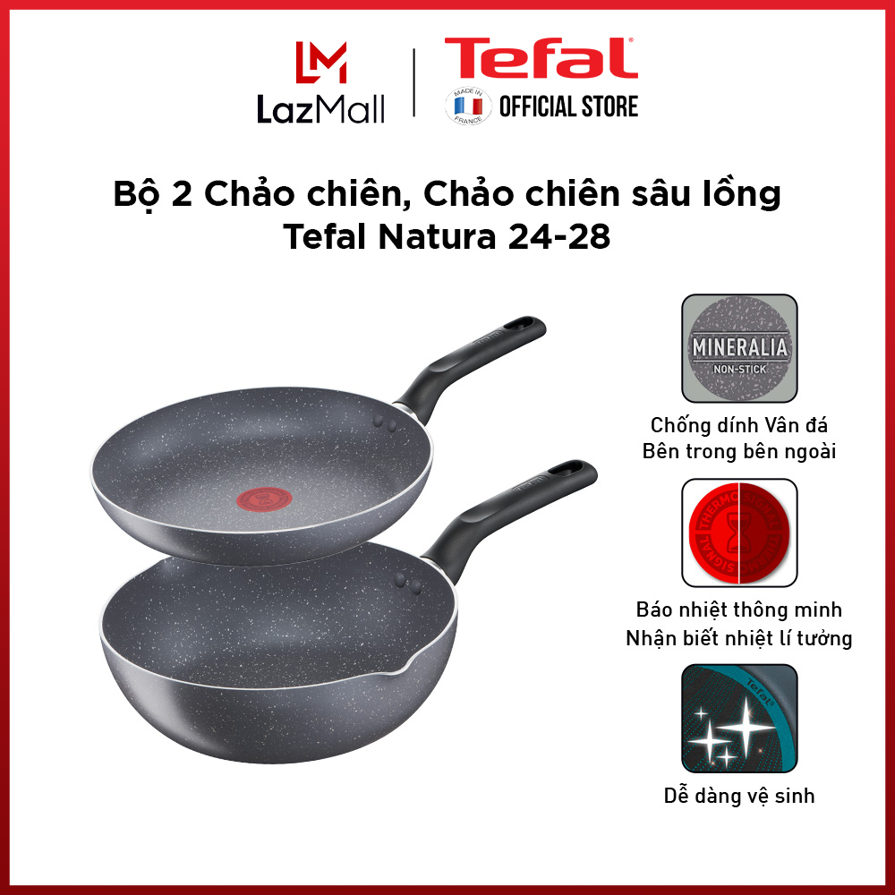 Bộ 2 chảo chiên chống dính vân đá Tefal Natura dùng cho bếp ga, bếp hồng ngoại  (24cm, 28cm) - Gian hàng chính hãng bảo hành 2 năm-BO2NAT1