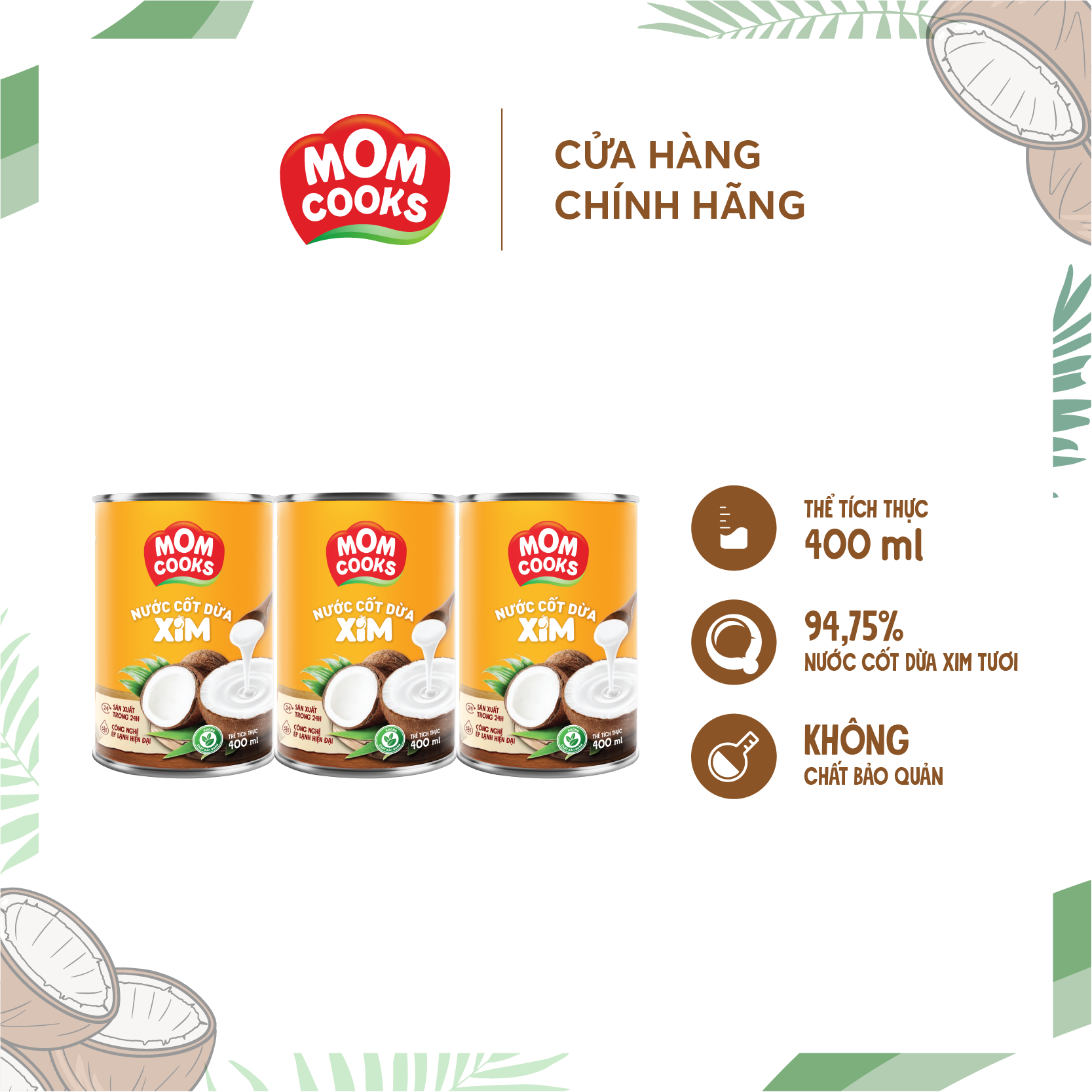 (TIỆN LỢI CHO MẸ - NHÃN MỚI) Combo 3 lon nước cốt dừa tươi 100% dừa nguyên chất Cocoxim MomCooks 400mL - Thương hiệu COCOXIM 400mL - YOOSOO