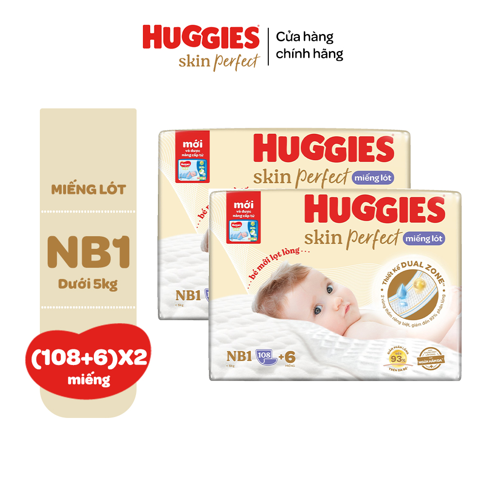 Combo 2 gói Miếng lót sơ sinh Huggies Skin Perfect 2 vùng thấm giảm kích ứng da NB1 64+4/NB1 108+ mi