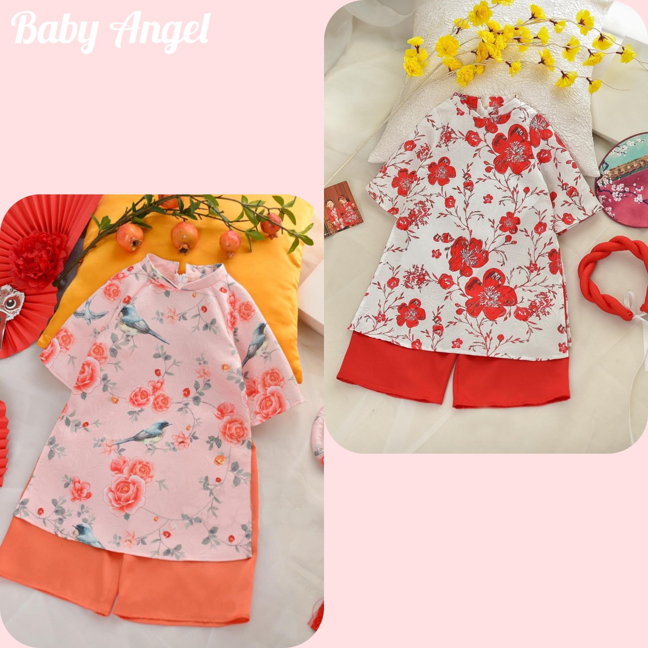 Áo dài cách tân bé gái hoa mai,áo lụa quần lụa satin kèm mấn