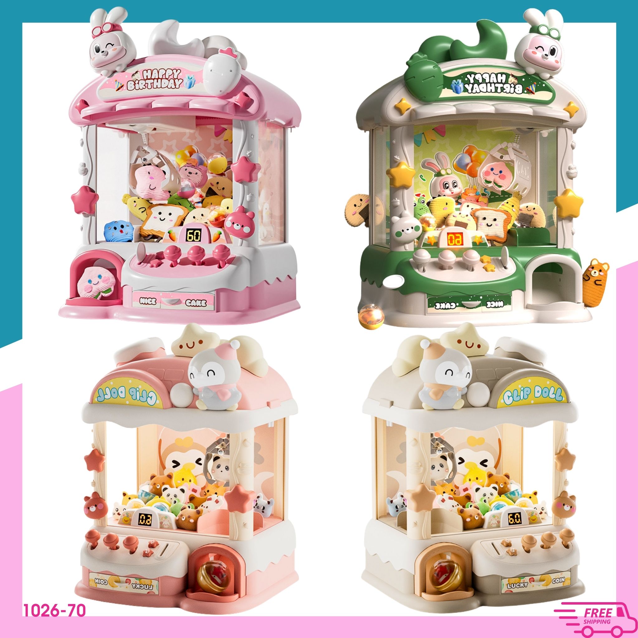 Máy gắp thú mini size to có thời gian, nhạc, đèn, nhiều gấu bông, đồ chơi gắp thú
