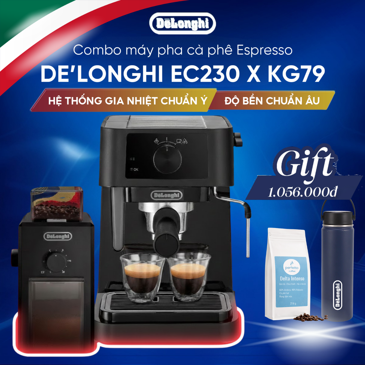 COMBO Máy pha cà phê DeLonghi EC230.BK và Máy xay cà phê DeLonghi KG79 | Dùng cho gia đình I Hàng Chính Hãng