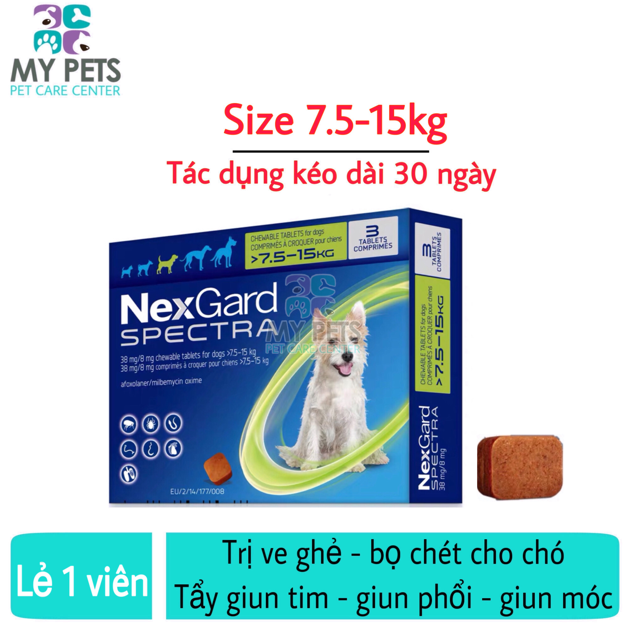(Lẻ 1 viên - Không hộp) NEXGARD SPECTRA Thuốc trị ve ghẻ, bọ chét, demodex, tẩy giun cho chó (1 tablet 7,5-15kg - No Box)