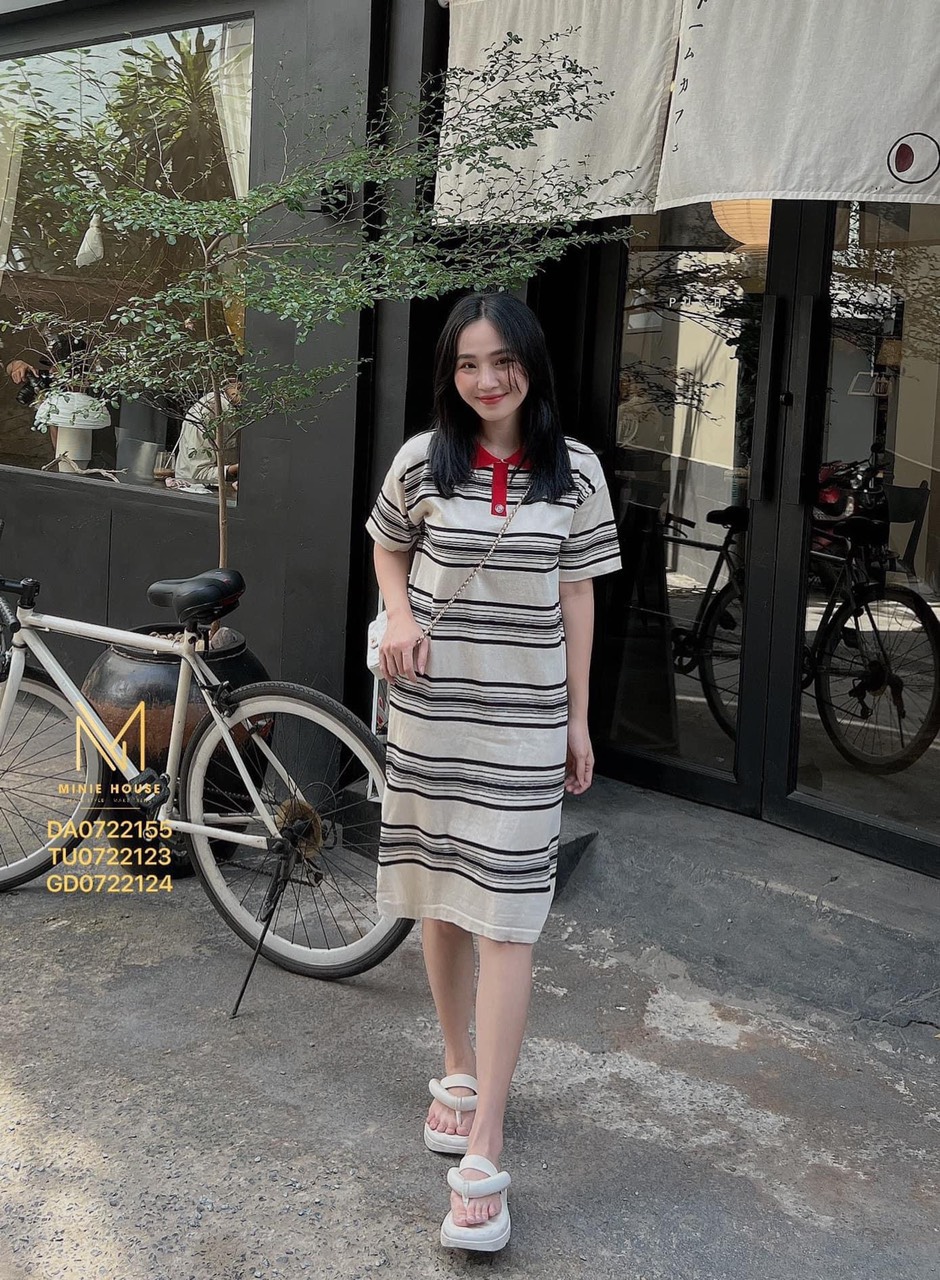 Đầm len sọc ngang,dáng xuông mềm mịn,cổ sơ mi trẻ trung qt 11.1
