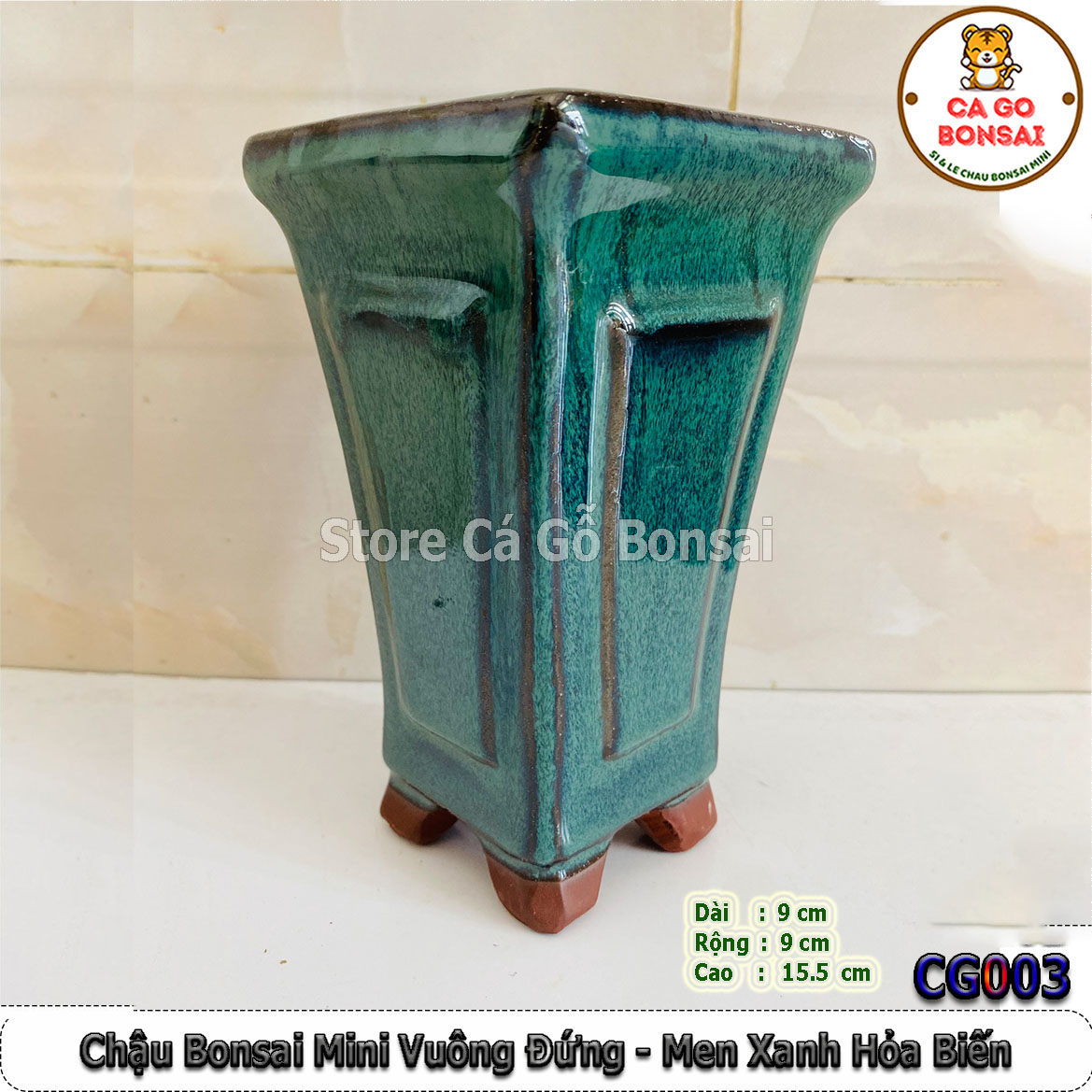 Chậu bonsai mini vuông đứng men xanh hỏa biến - cg003