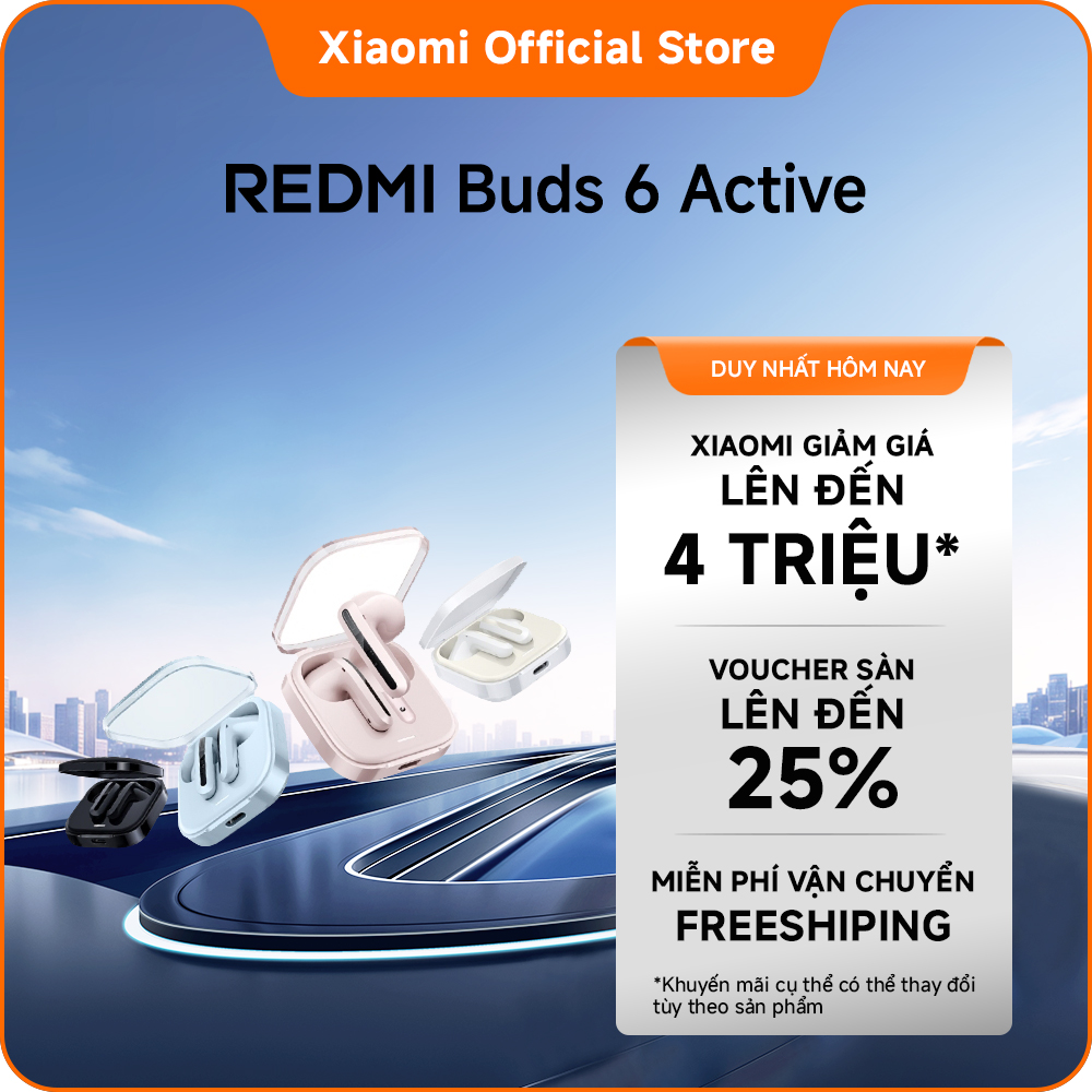 Tai nghe Bluetooth REDMI Buds 6 Active | Củ loa động 14,2 mm lớn tạo nên âm thanh mạnh mẽ, ít bị biến dạng | Giảm tiếng ồn bằng micrô kép giúp giọng nói rõ hơn | Thời lượng pin khi sử dụng hộp sạc lên đến 30 giờ*