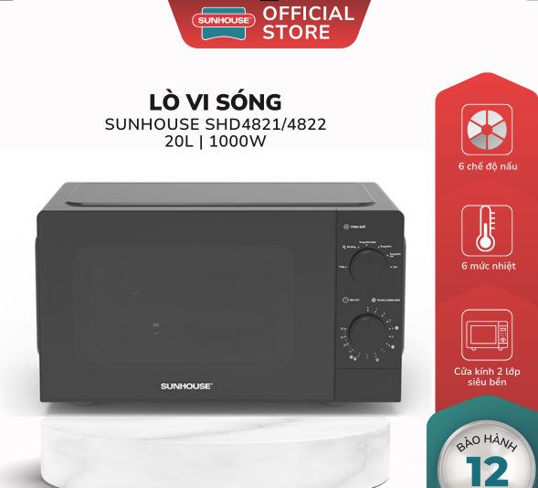 Lò Vi Sóng 20L SUNHOUSE SHD4821 / SHD4822 - Bảo Hành 12 Tháng, Công Suất 1000W, Cửa Kính 2 Lớp