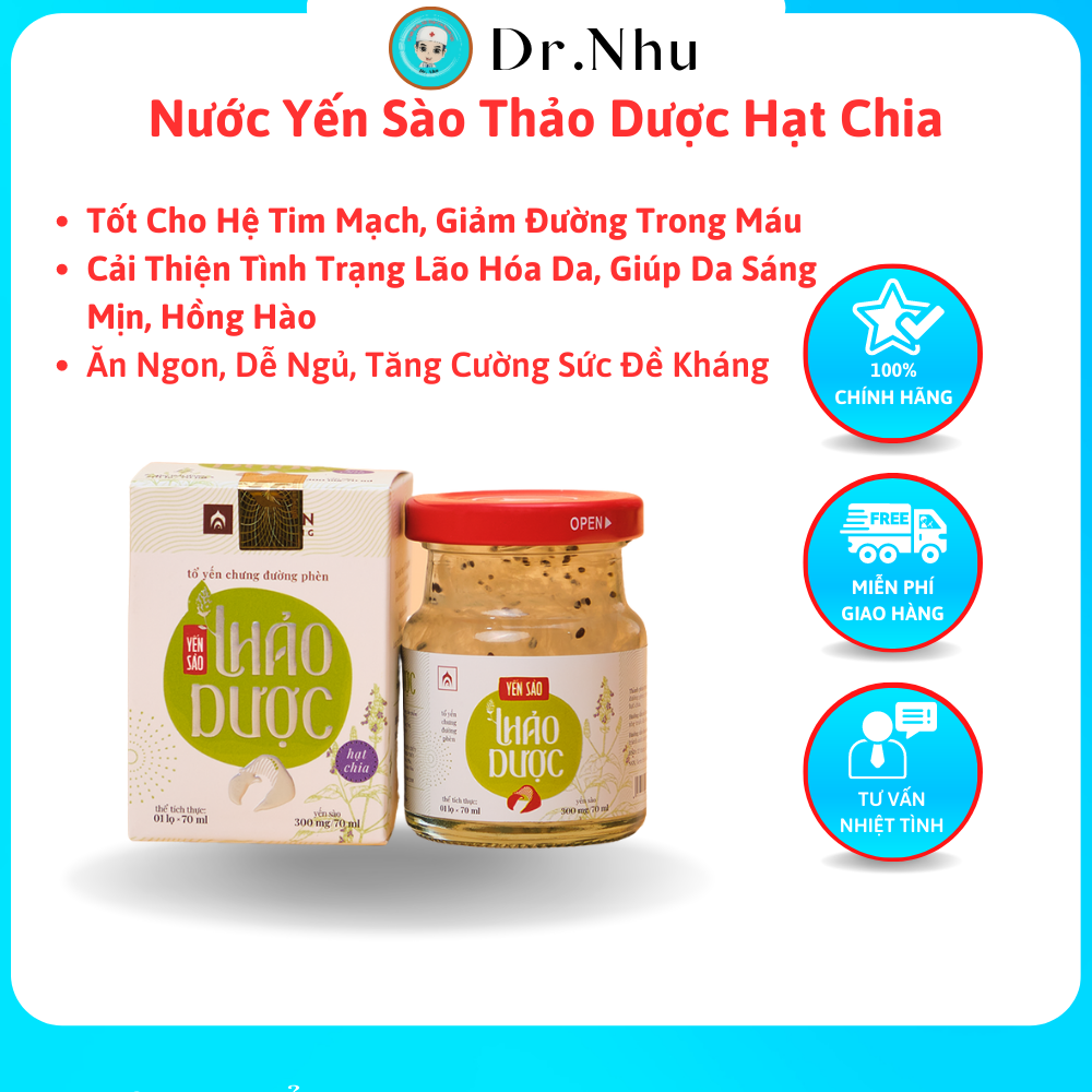 Nước Yến Sào Thảo Dược Hạt Chia Nhà Yến Nha Trang, Tăng Cường Sức Đề Kháng, Tốt Cho Tim Mạch, Giảm Đường Trong Máu,Giảm Nguy Cơ Đột Quỵ Làm Sáng Mịn Da Hồng Hào, 12 lọ x 70ml - Dr.Nhu