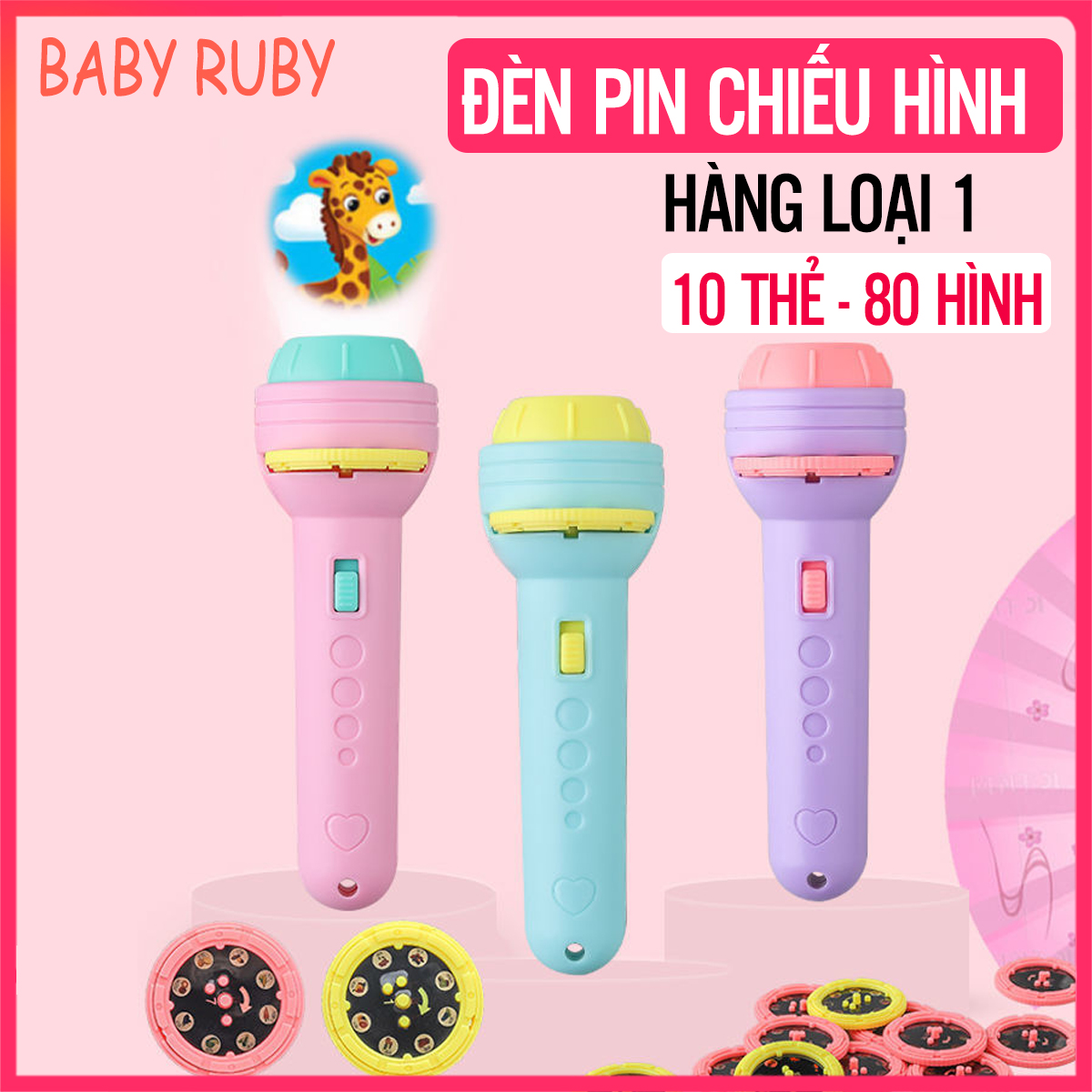 Đèn Pin Chiếu Hình - Gồm 10 Thẻ, 80 Hình Ảnh, Đã Kèm Pin - Đèn pin chiếu hình cho bé, đèn pin chiếu hình 3d cho bé, đèn pin chiếu hình con vật, đèn pin chiếu hình động vật, den pin chieu hinh - Baby Ruby