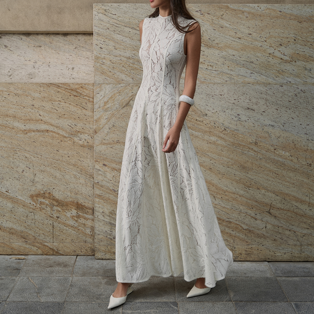 Váy ren nữ Dịu Dress dáng dài họa tiết hoa vải co giãn nhẹ đi kèm lót chân váy rời - oula studios