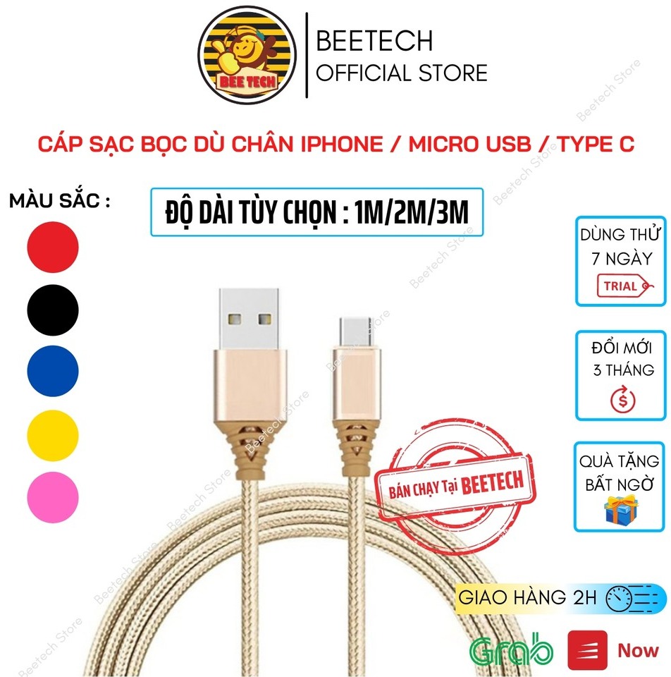 Cáp sạc nhanh bọc dù, dây sạc chống đứt gãy dài 1m, 2m, 3m chân iPhone/ micro Usb / Type C - Beetech