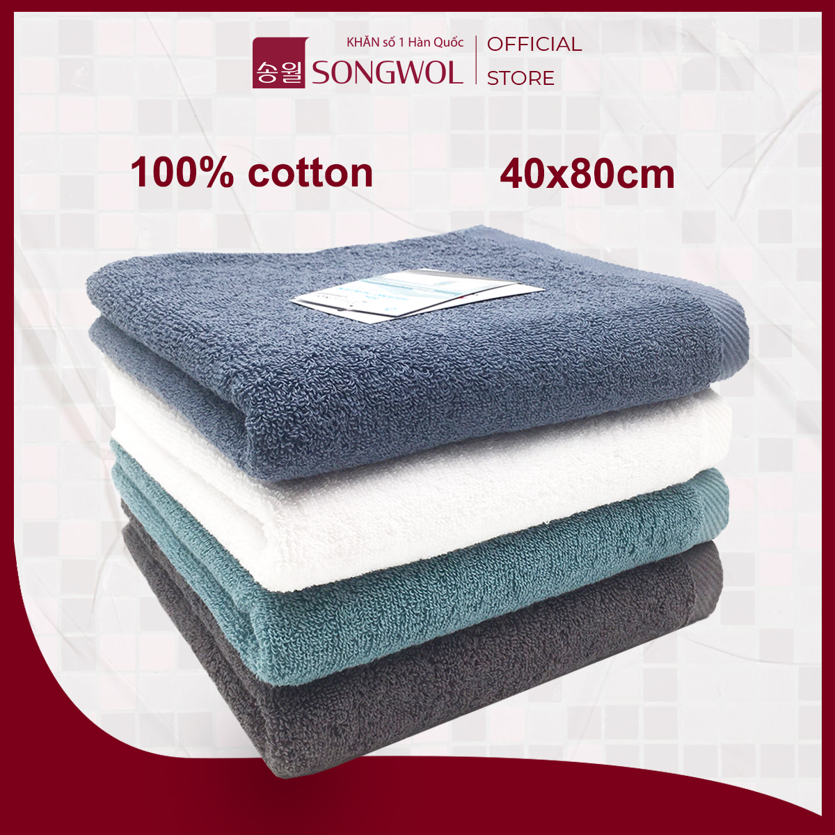 Khăn mặt, Khăn tắm gội đầu SONGWOL Hàn Quốc Anti Color Muji 40x80cm cỡ vừa thấm hút, kháng khuẩn tốt