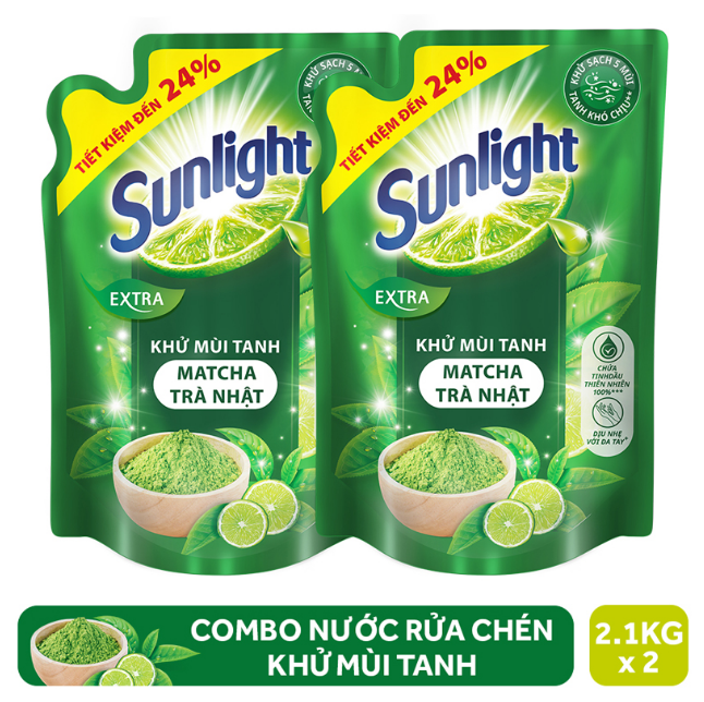 Combo 2 nước rửa chén sunlight matcha trà xanh nhật 2.1kg khử 5 mùi tanh