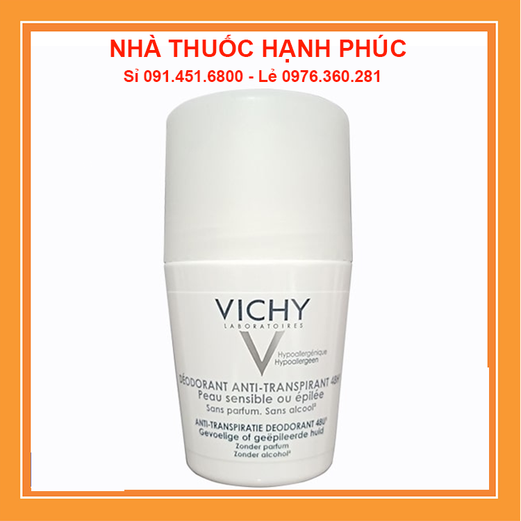 Lăn khử mùi Vichy 48H nắp xanh dành cho da nhạy cảm 50ml, lăn nách Vichy ngăn mồ hôi hiệu quả, không gây ố vàng áo