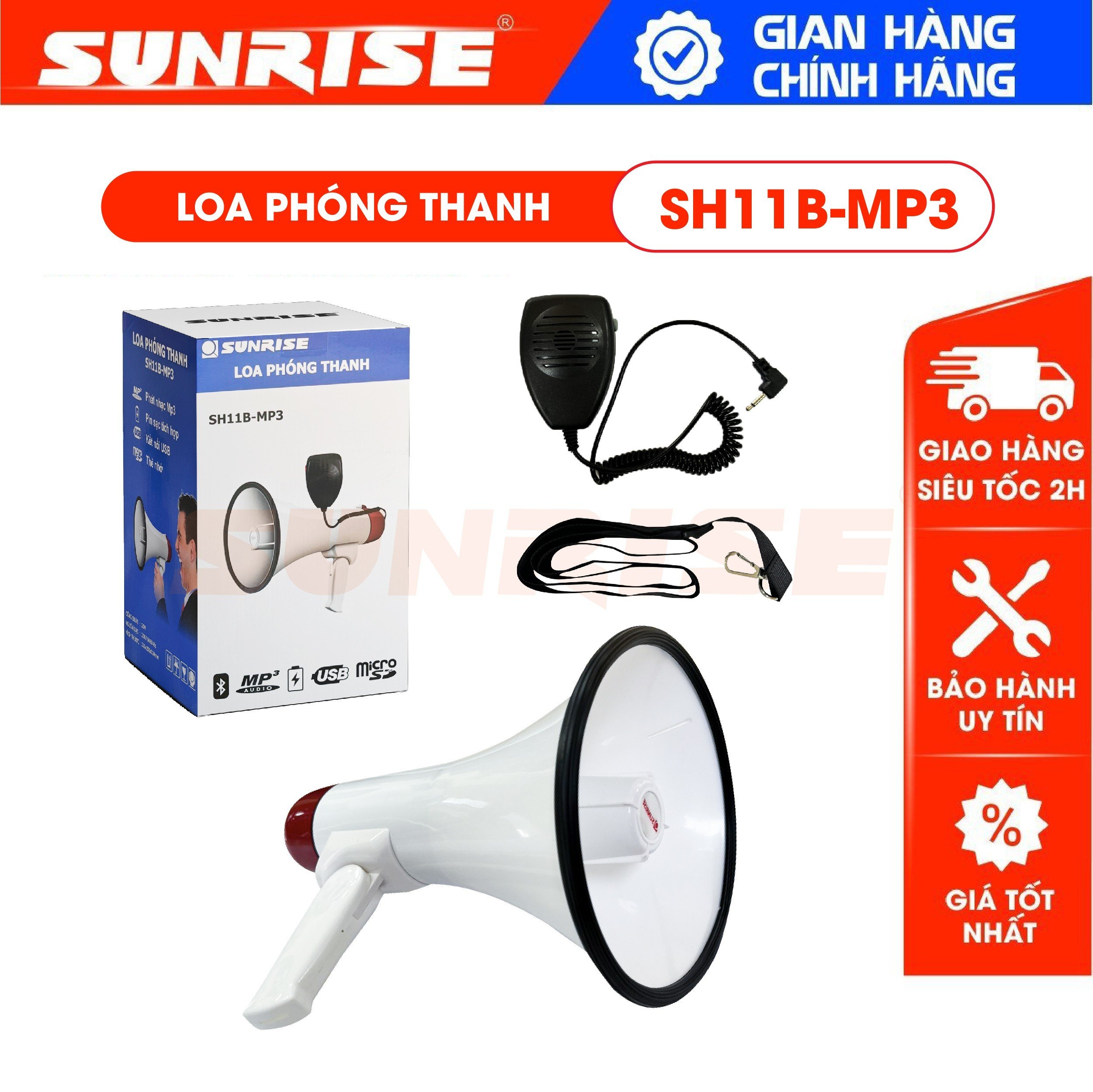 Loa phóng thanh có còi hụ công suất 50w chính hãng sunrise sh-11b mp3 loa có micro nói trực tiếp, nhạc đệm - sunrise musics