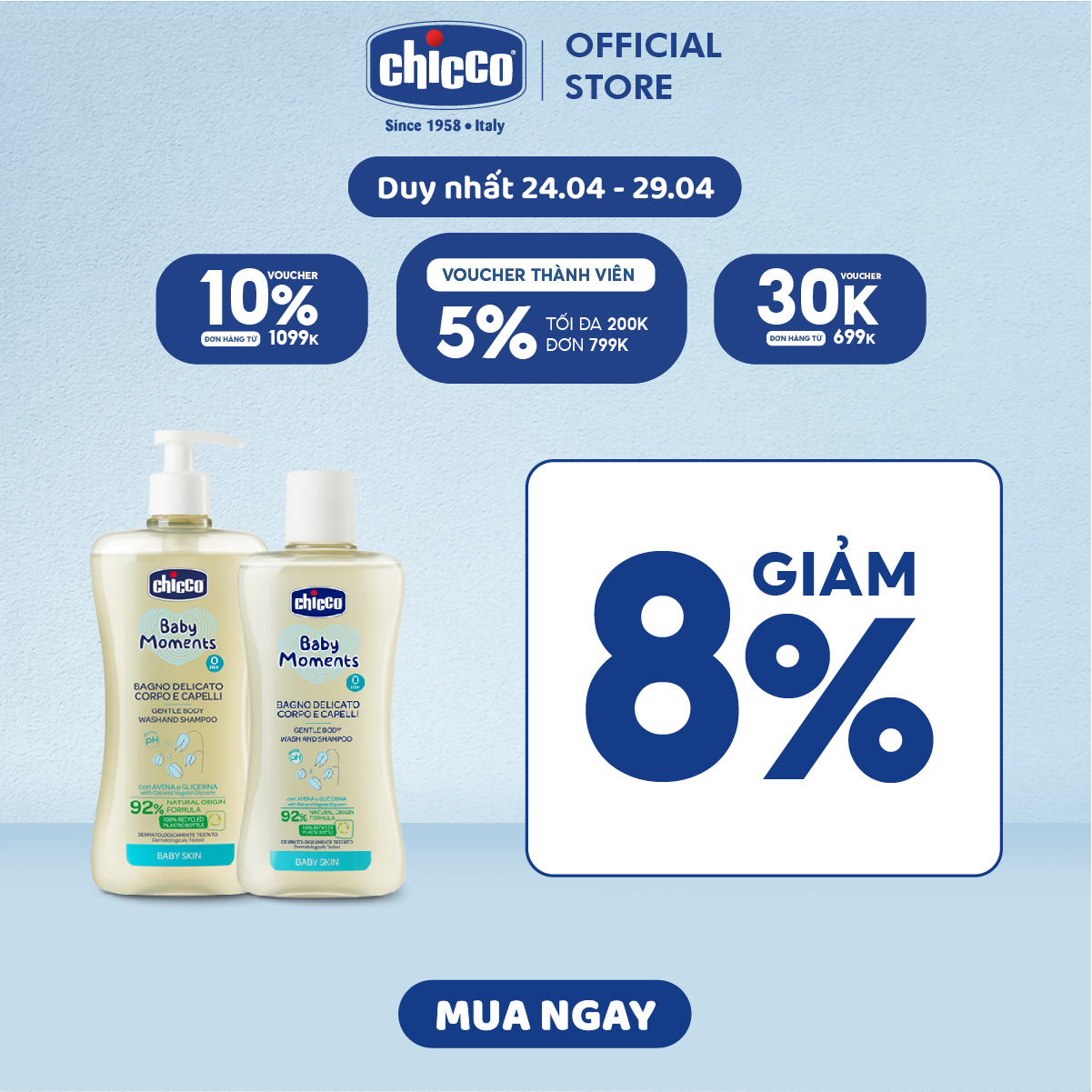 Combo Sữa tắm gội chiết xuất Yến mạch 0M+ Chicco 500ml + Sữa tắm gội chiết xuất Yến mạch 0M+ Chicco 200ml