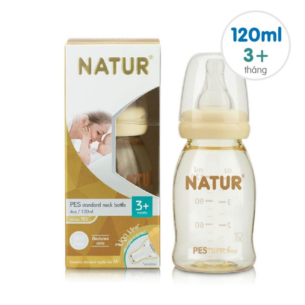 Bình sữa Natur PES 120ml thiết kế thon gọn dễ cầm bình có màu mật ong tự nhiên