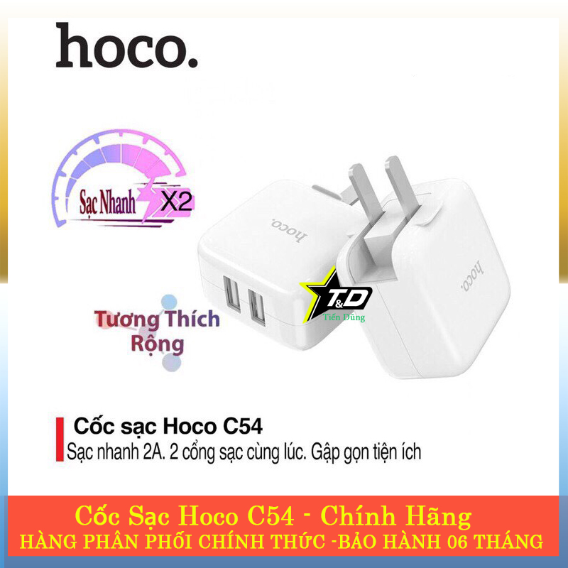 Cốc sạc Hoco C54 Củ sạc nhanh hoco c54 có 2 cổng usb dòng 2A- củ sạc có thể gập đầu phích cắm lại