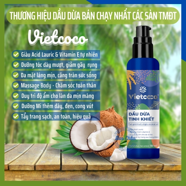 Dầu Dừa VIETCOCO Tinh Khiết Ép Lạnh Nguyên Chất 100% Organic Dùng Làm Đẹp, Dưỡng Da, Tóc,Tẩy Trang, Massage, Ngừa Rạn Da
