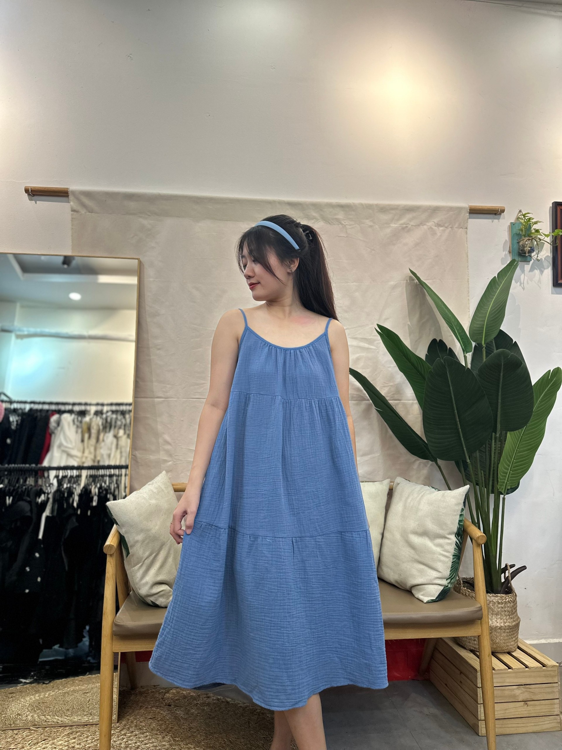 Đầm hai dây, đầm ngủ, đầm bầu, đầm mặc nhà, đầm ngủ dễ thương, đầm ngủ tiểu thư, đầm ngủ sexy xô muslin 100% xanh
