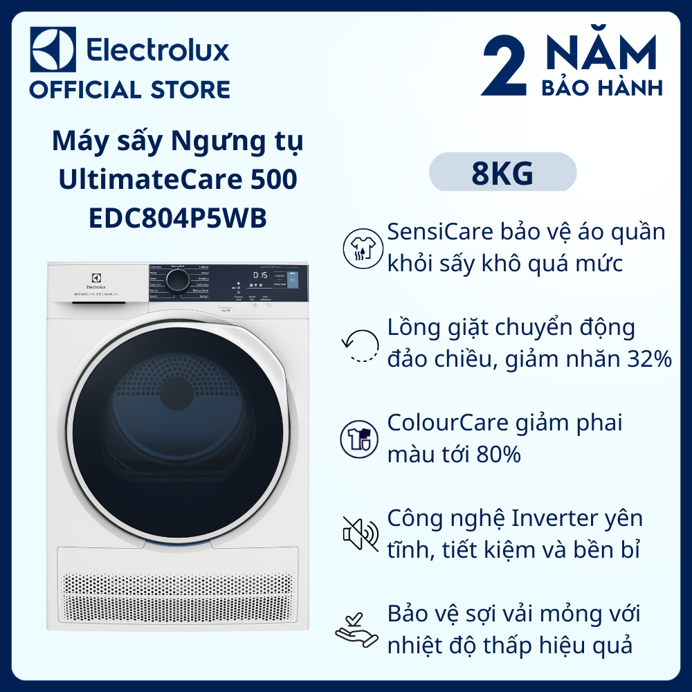 Máy sấy ngưng tụ Electrolux 8kg EDC804P5WB Lồng giặt chuyển động đảo chiều giảm nhăn giảm phai màu tiết kiệm bảo vệ áo quần