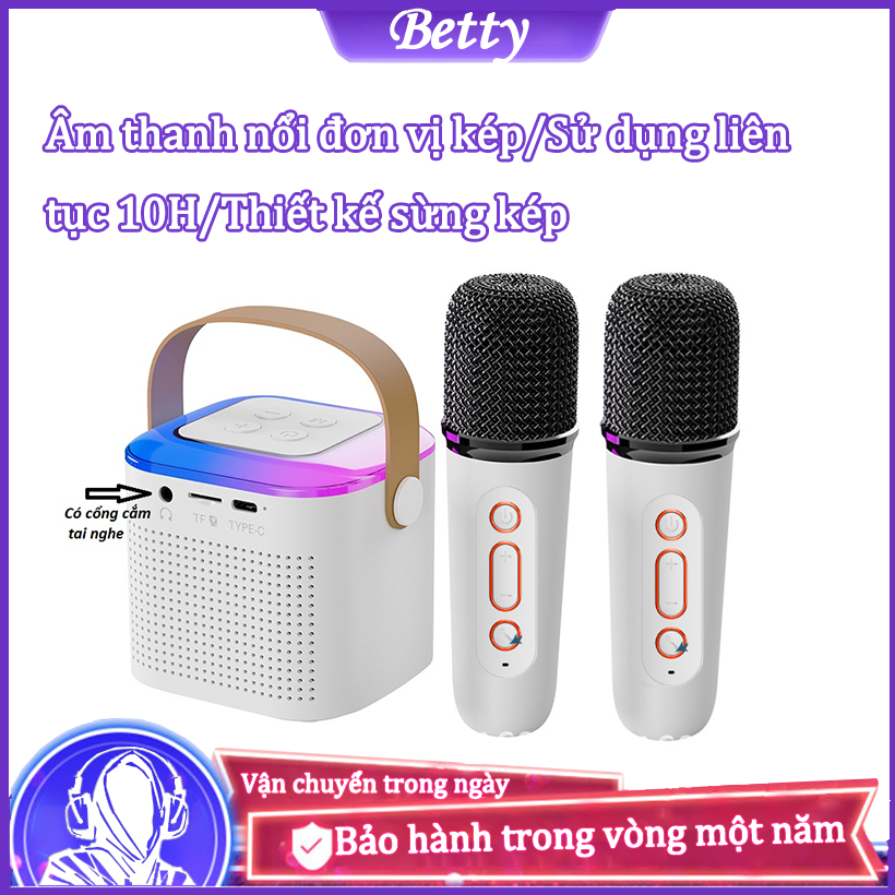 Betty Loa Bluetooth không dây mini, karaoke di động với 2 micrô, thẻ nhớ có thể cắm được