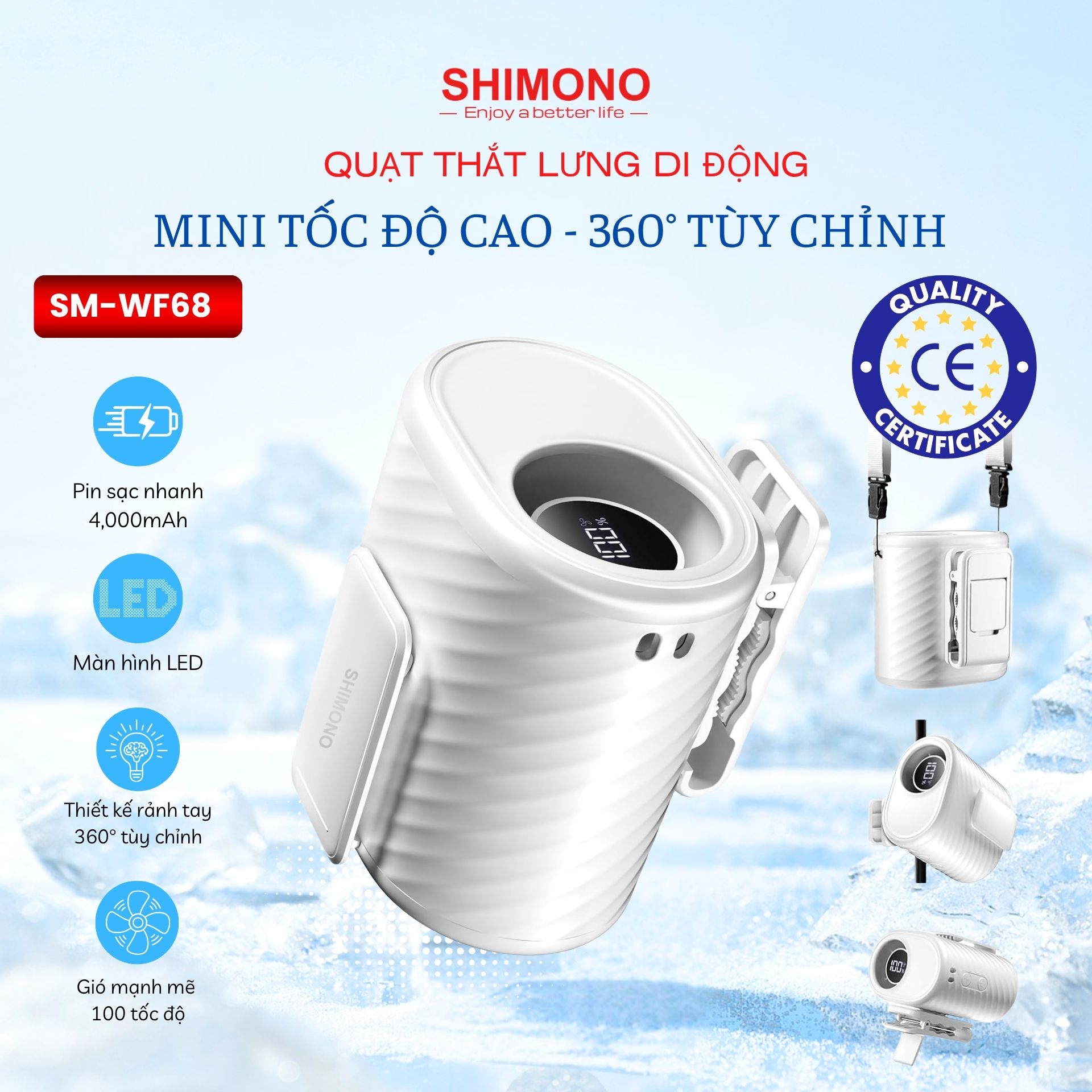 Shimono Sm-Wf68 High Speed Belt Clip Fan, 4000Mah Battery, 360 Degree Adjustment ° , Hands-Free Waist Fan