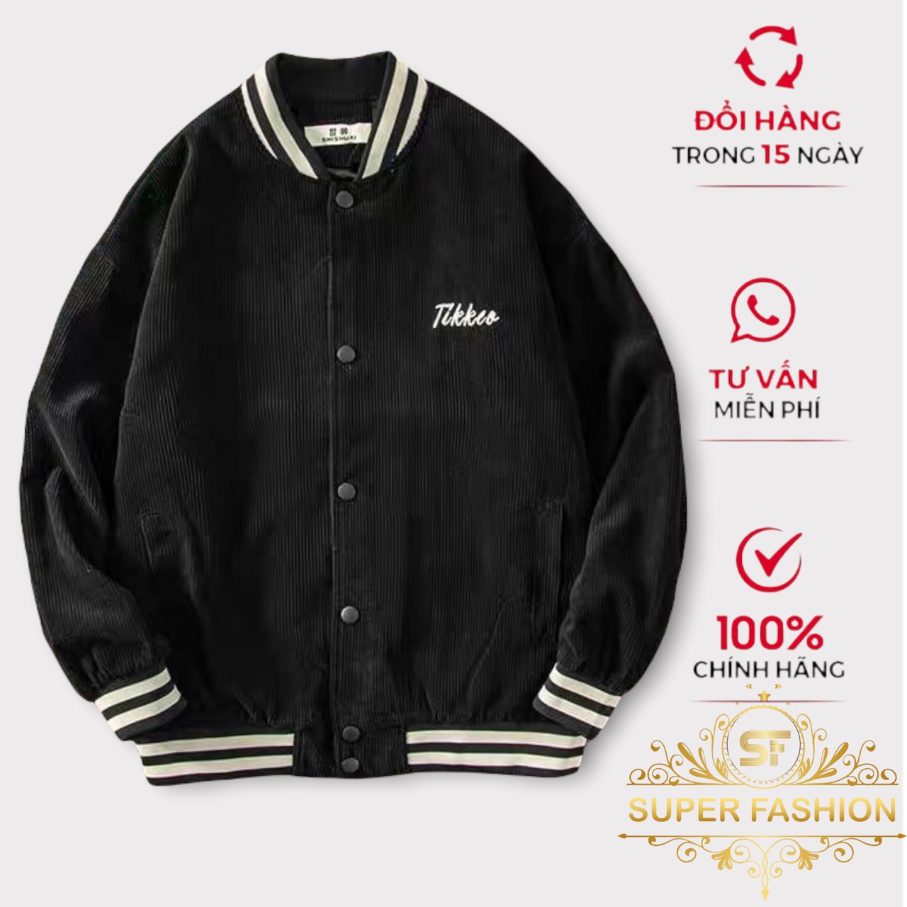 Áo Khoác Nhung Bomber Bóng Chày Nam Nữ 2 Lớp Lót Dù Đen Thêu LOGO Thời Trang Super Fashion