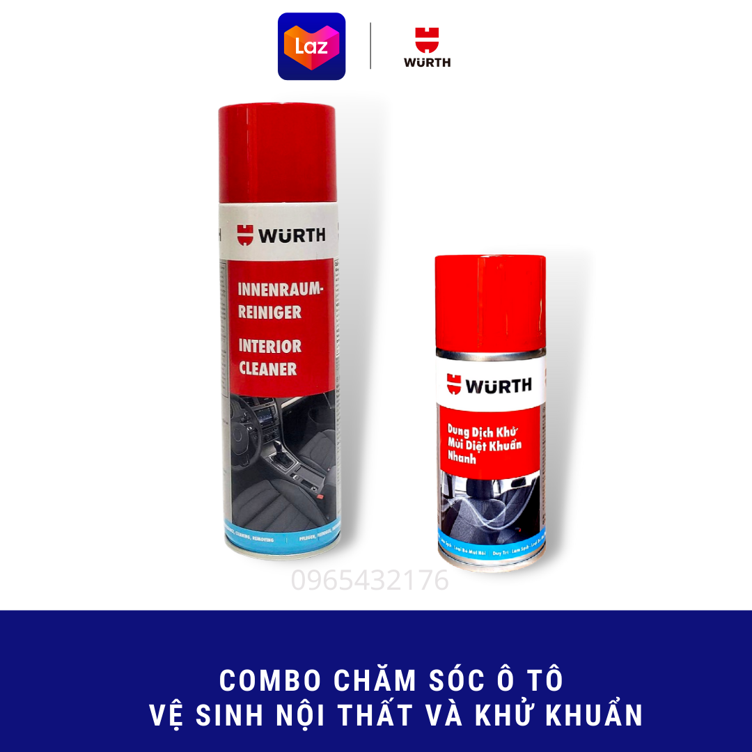 Combo vệ sinh nội thất ô tô và khử khuẩn Wurth giúp loại bỏ mùi hôi nội thất, mùi xe mới, mùi hôi điều hòa