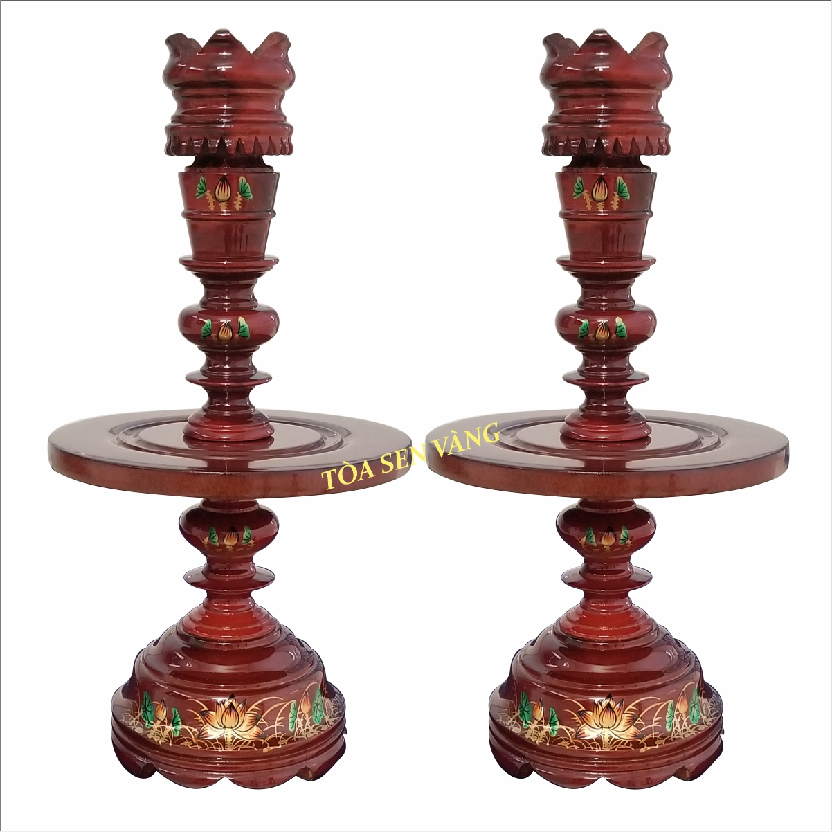 [HCM]Chân đèn gỗ - Cặp chân nến bằng gỗ tự nhiên, trang trí hoa sen đắp nổi, có nhiều kích thước