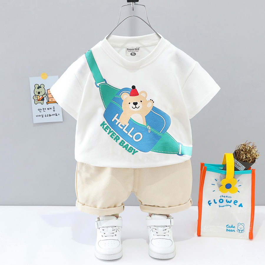 Bộ Quần Áo Bé Trai (6 tháng - 5 tuổi) KEYER KIDS, Áo Thun Cotton, Quần Short Kaki Mềm Hình in Túi Đeo Gấu Dễ Thương Sành Điệu SZ45 - 2