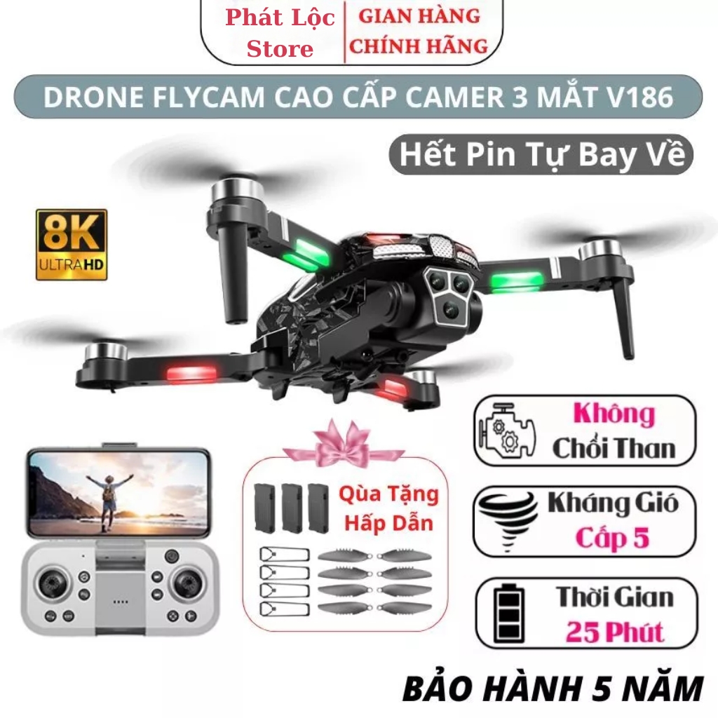 Flycam V186 Pro cụm 3 camera 8k có cảm biến tránh va chạm, plycam mini thời gian bay 25p, bay xa 2500m