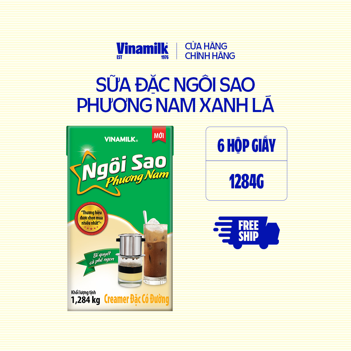  Bộ 6 hộp Creamer sữa đặc Ngôi Sao Phương Nam xanh lá - Hộp giấy 1284g 