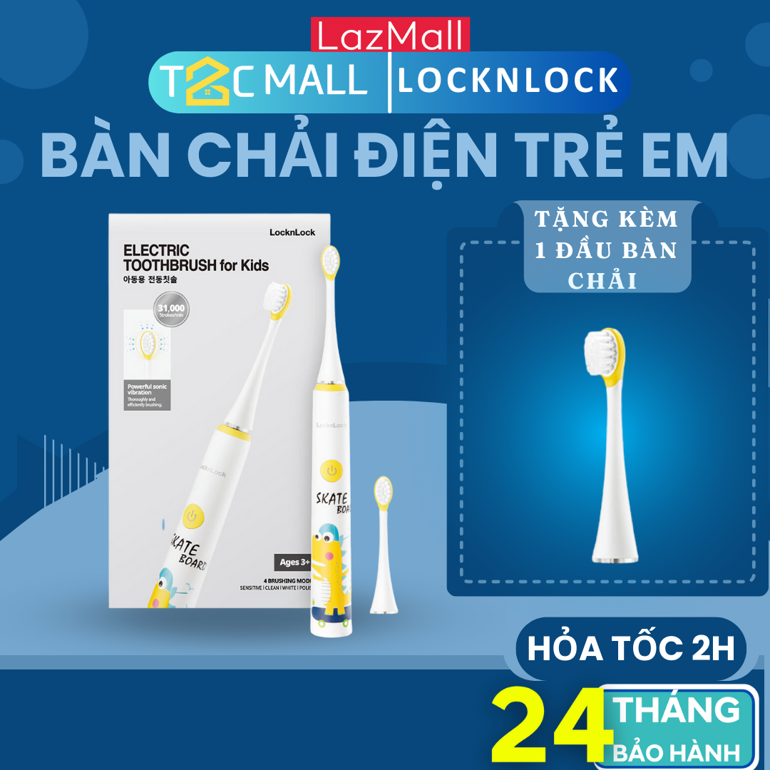 Bàn chải đánh răng điện cho bé từ 3 tuổi locklock - chống nước - pin sử dụng lên tới 3 tuần enr226wht- t2cmall