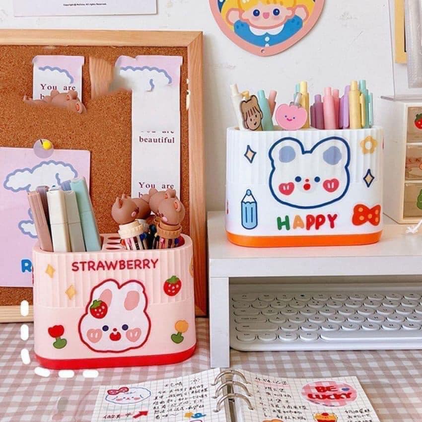 Hộp đựng bút strawberry - hộp đựng bút mèo dễ thương-ống cắm bút 2 ngăn