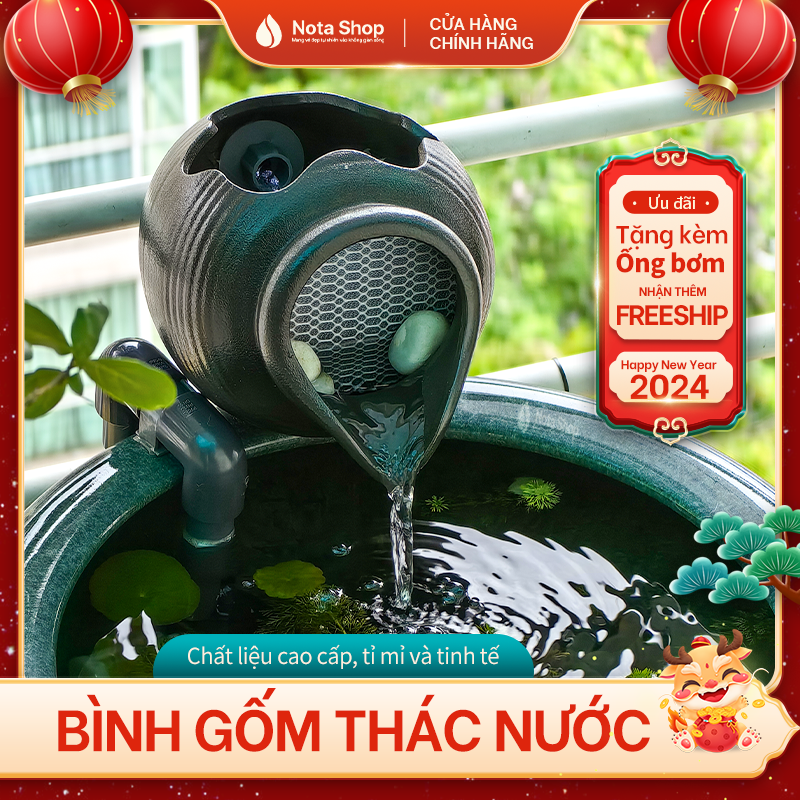 Bình gốm thác nước cao cấp tặng kèm ống bơm - Nota Aqua - Trang Trí Lọc Nước Bể Cá