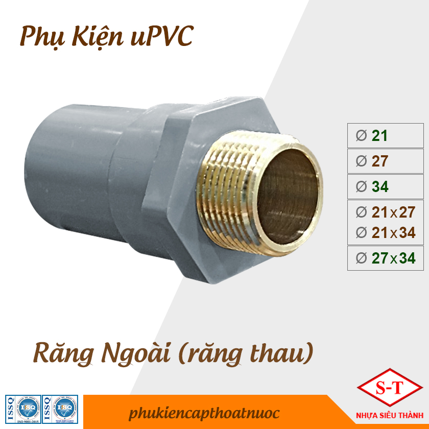 Nối răng ngoài, ren ngoài pvc phi 21, 27, 34, 21x27, 21x34, 27x34 phụ kiện nhựa st