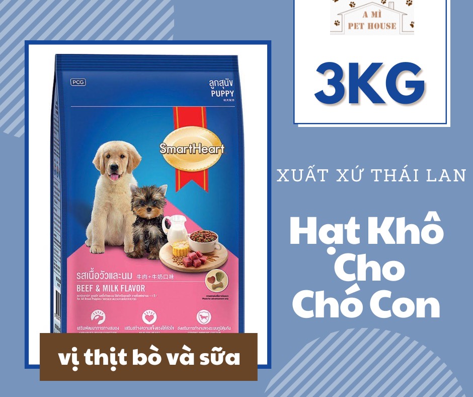 Thức ăn hạt khô vị thịt bò và sữa cho chó con puppy smartheart túi 3kg