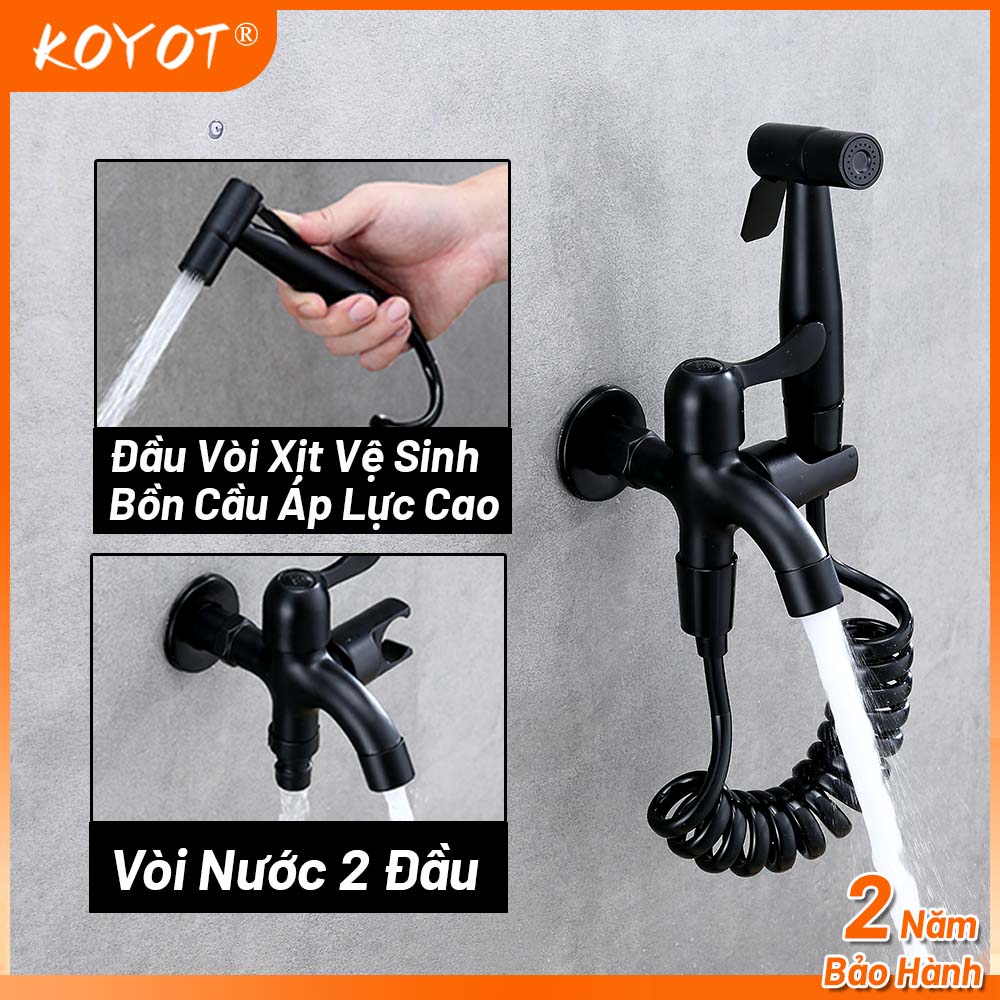 KOYOT Vòi Nước 2 Đầu Ra Có Khoá Độc Lập với Bộ Vòi Xịt Vệ Sinh INOX SUS304 Vòi Máy Giặt Chia 2 Nguồn Nước Kèm Dây Xoắn 1,5m