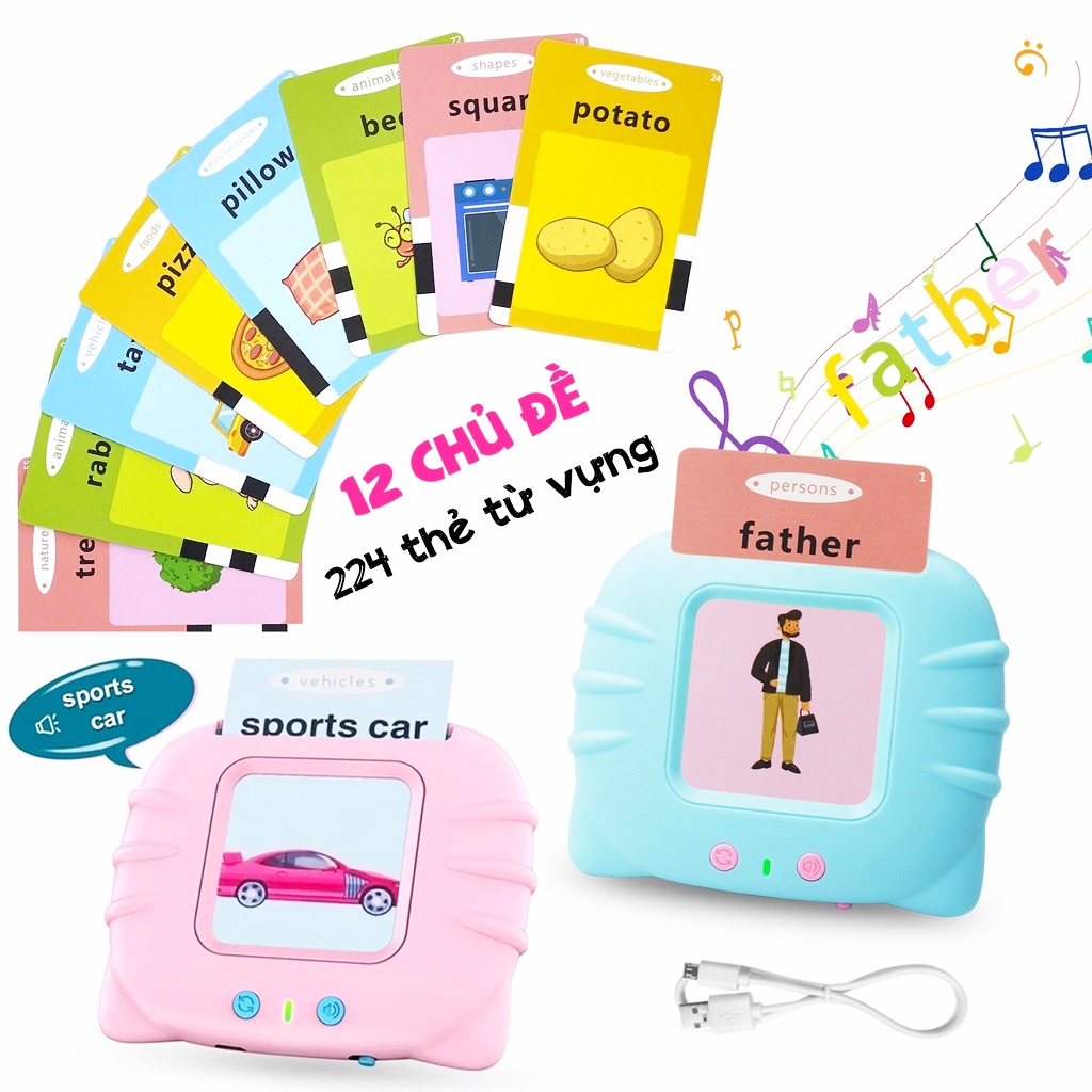 [Full bộ loại 1] Máy Đọc Thẻ Flashcard Tiếng Anh, Máy học Tiếng Anh hoặc Tiếng Trung , phát âm chuẩn cho bé kèm thẻ + cáp sạc USB