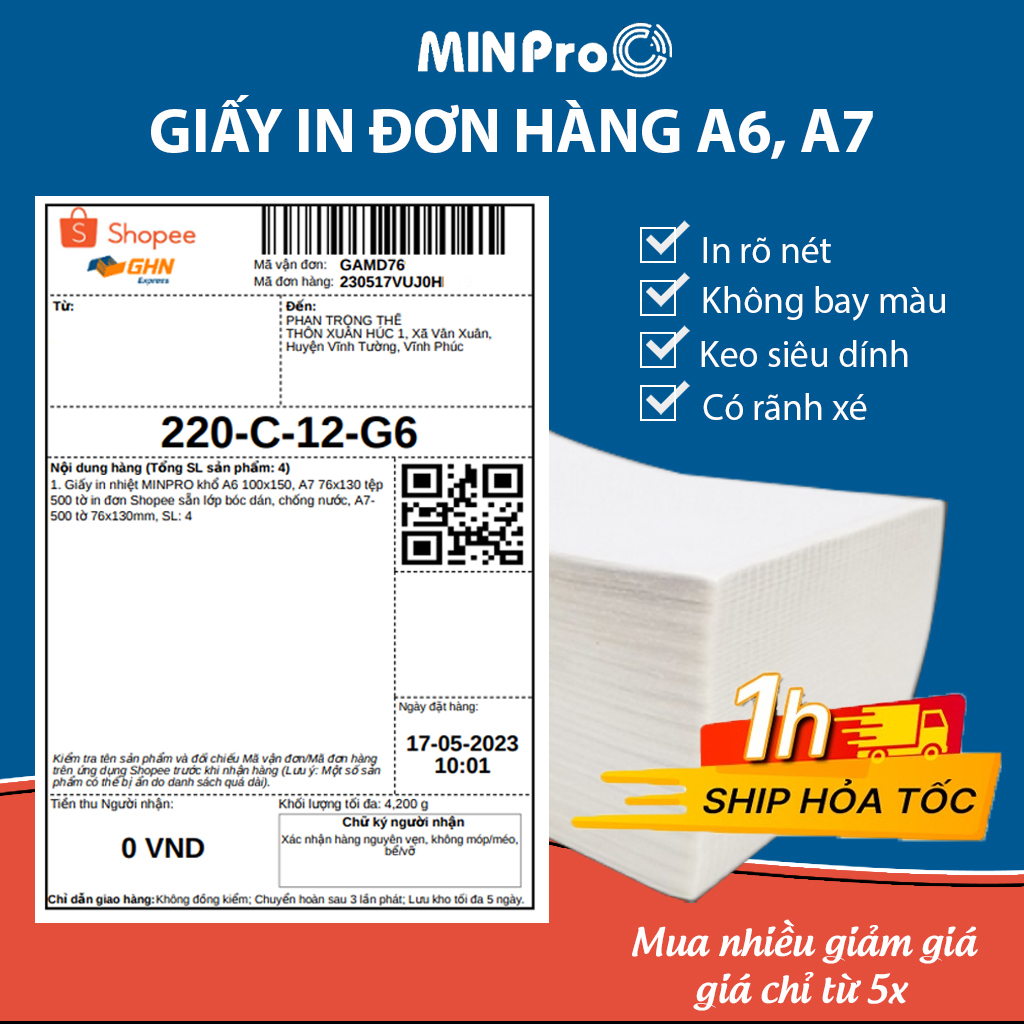 Giấy in đơn hàng a6 100x150, a7 76x130 tệp 500 tờ in nhiệt, in đơn sàn tmđt, tem nhãn vận chuyển, thiệp cảm ơn, phiếu giao hàng, có lớp keo dán