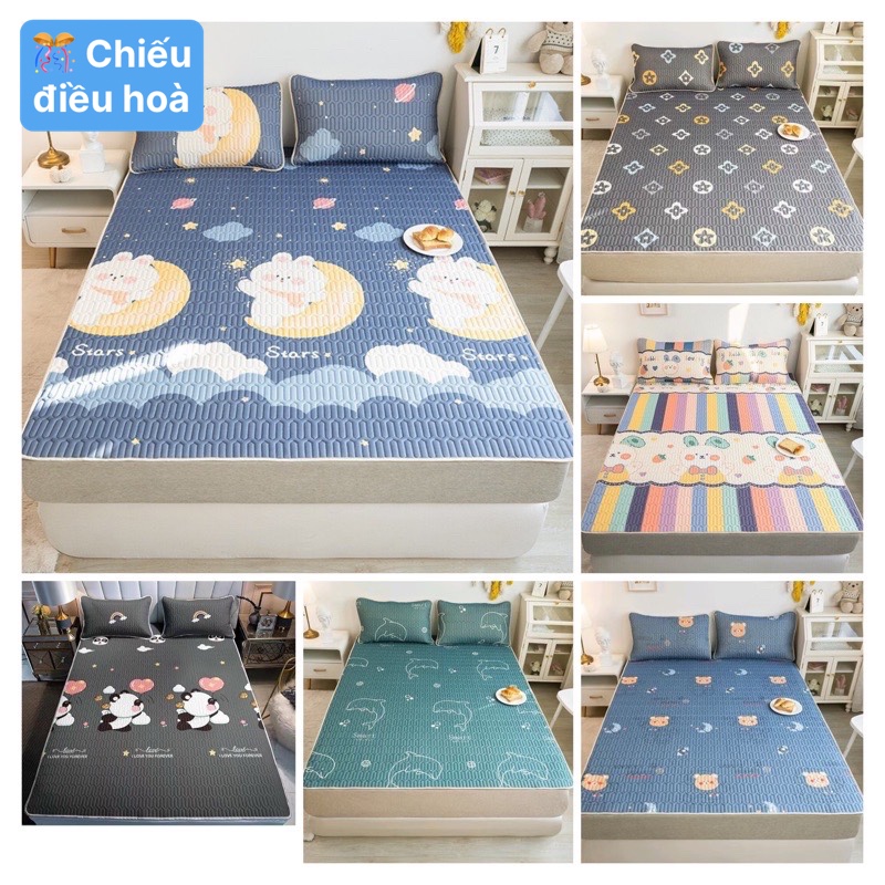 (HÀNG LOẠI 1) Chiếu điều hoà cao su non in hình 2D 3D siêu mát chống nóng lưng kèm 2 vỏ gối nằm - ga