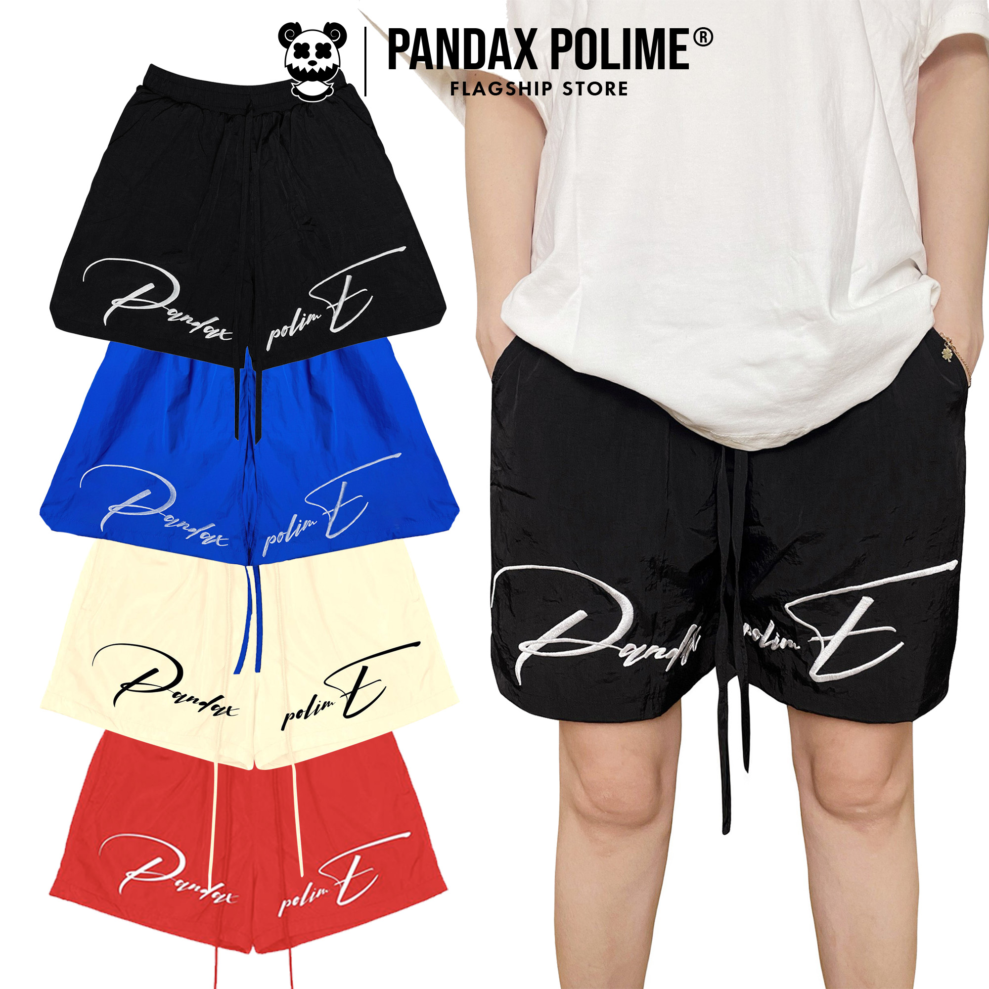 Quần short local brand PANDAX POLIME đùi ngố lửng form rộng trên gối gió nhăn có lót lưới nam nữ unisex cặp đôi đi biển Polime Sport Short V Signature