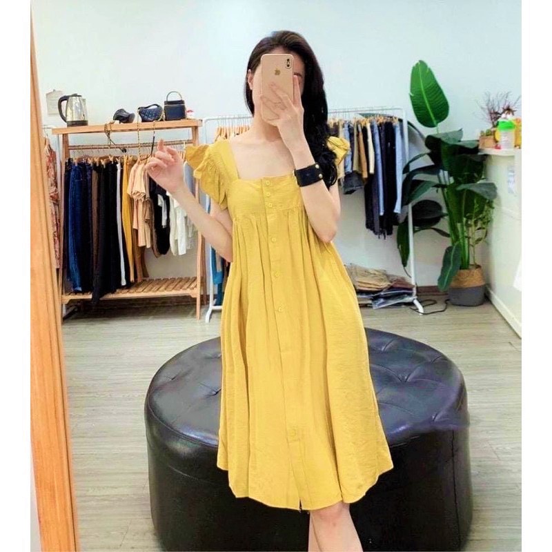 Váy 2 dây - đầm suông nữ 2 dây viền bèo cúc dọc Guuhouse vải đũi cao cấp