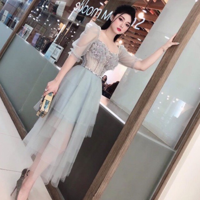 [HCM]Đầm xòe lưới xếp tầng kết bông hoa nổi và cườm sang trọng  -MS106V