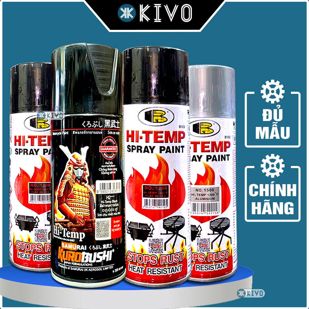 Sơn Chống Cháy Samurai /BOSNY Đen Mờ, Bạc CHÍNH HÃNG - Sơn Xịt Samurai Chịu Nhiệt Pô Xe  - Sơn Chịu Nhiệt Phun Pô Xe Máy, Oto -Sơn Màu Đen Chống Cháy Cho Bô Xe, Lò Vi Sóng, Lò Nướng, Lốc Máy Xe Kivo