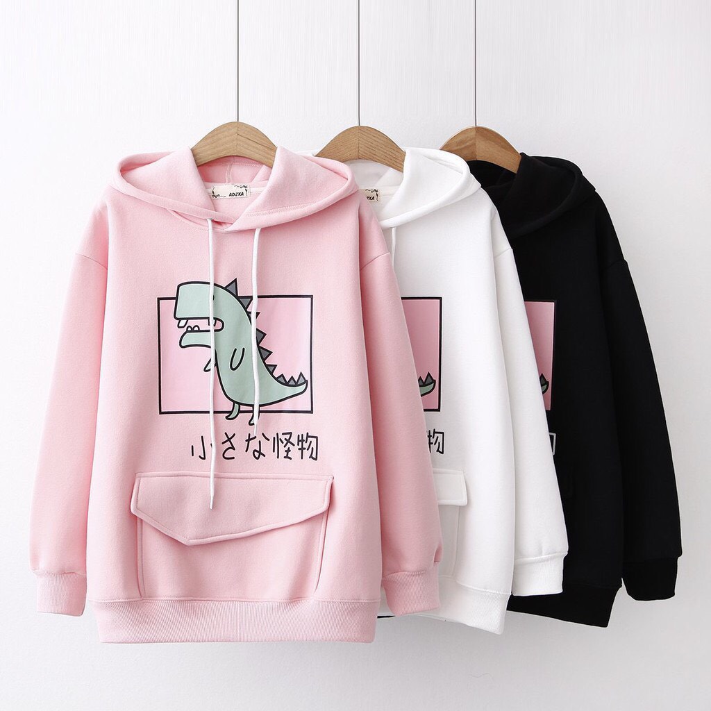 Áo khoác hoodie nam nữ form rộng phong cách Hàn Quốc (OneSize dưới 65Kg, 3XS Dưới 20Kg), áo hoodie form rộng unisex vải Nỉ cao cấp, áo hoodie VNXK cực đẹp, mềm mịn, in hình Khủng long siêu cute, có nón