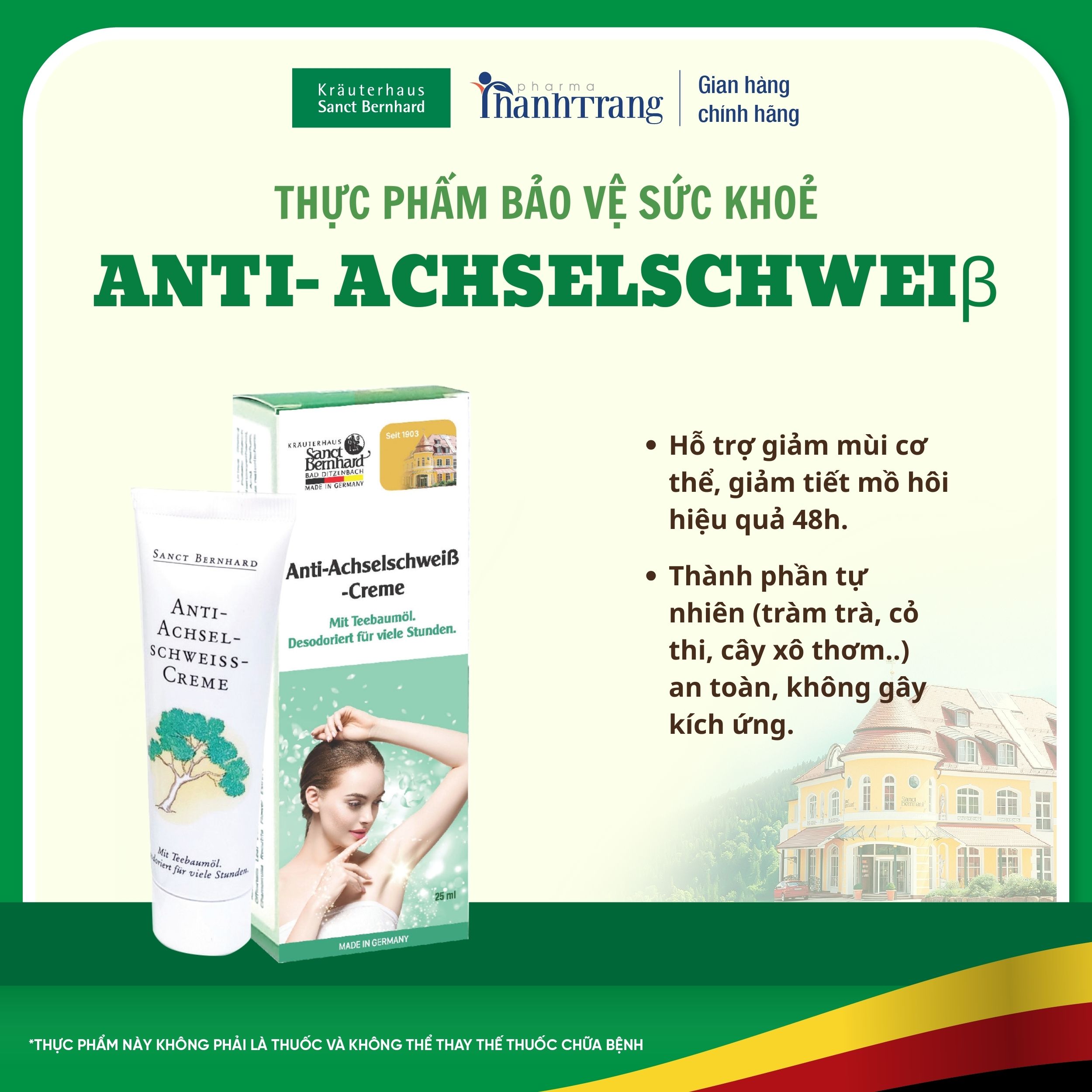Kem khử mùi hôi nách Anti Perspiration chiết xuất tràm trà giúp khử mùi cơ thể, ngăn ngừa tiết mồ hôi, làm se vùng da dưới cánh tay [Sanct Bernhard - Đức]